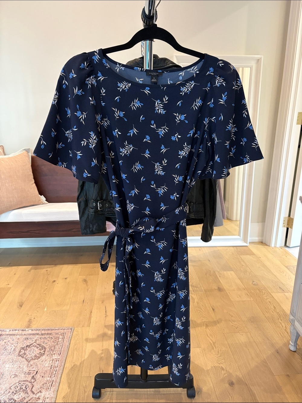 Ann Taylor Factory Navy and Light Blue Floral Wrap-Style Midi Dress